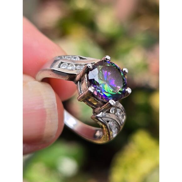 Vintage Mystic Topaz, Cubic Zirconia and Sterling Silver Ring, Size 7 - Picture 2 of 7